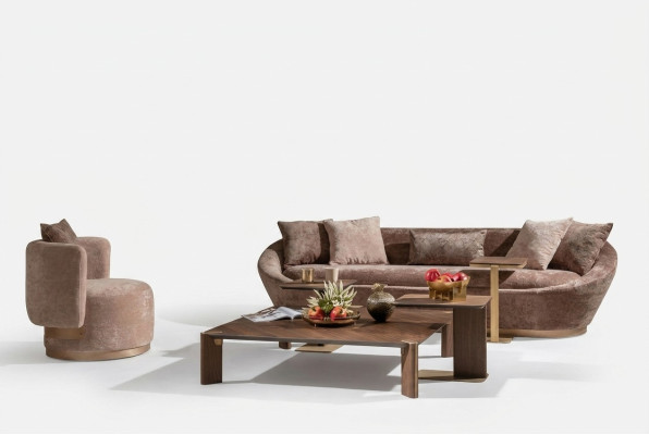 Sofá de tela de tres plazas en beige con sillón - Conjunto de sofá