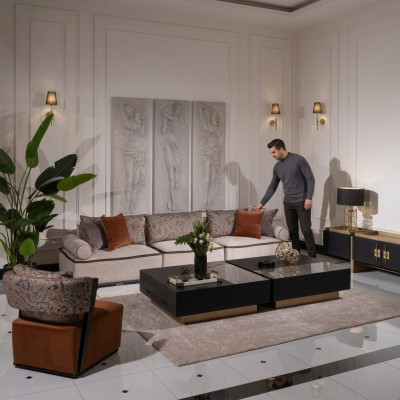Gran conjunto de sala de estar, sofá de tela gris con sillón, juego de 5 piezas de sofá y mesas.