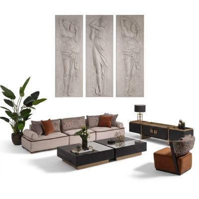 Gran conjunto de sala de estar, sofá de tela gris con sillón, juego de 5 piezas de sofá y mesas.