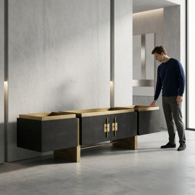 Mueble de televisión bajo RTV Sideboard Soporte de TV Negro Diseño Moderno Dorado de Madera