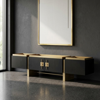 Mueble de televisión bajo RTV Sideboard Soporte de TV Negro Diseño Moderno Dorado de Madera