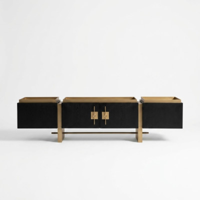 Mueble de televisión bajo RTV Sideboard Soporte de TV Negro Diseño Moderno Dorado de Madera