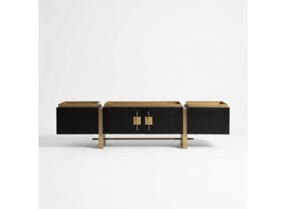 Mueble de televisión bajo RTV Sideboard Soporte de TV Negro Diseño Moderno Dorado de Madera