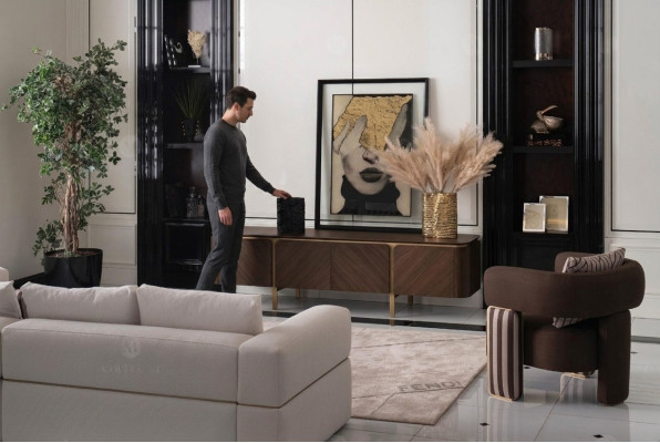 Conjunto de sofá de esquina, sillón, sofá de tela RTV, armario bajo moderno de 3 piezas en color beige.