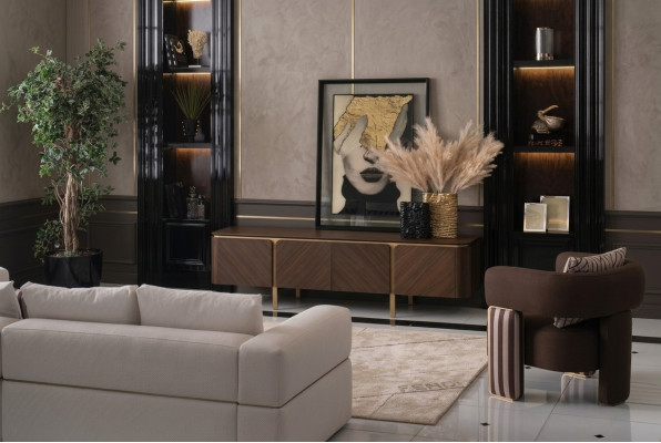 Conjunto de sofá de esquina, sillón, sofá de tela RTV, armario bajo moderno de 3 piezas en color beige.