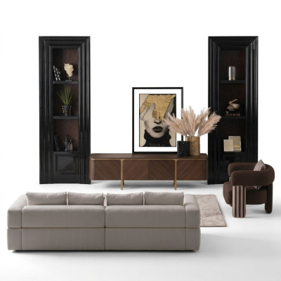 Conjunto de sofá de esquina, sillón, sofá de tela RTV, armario bajo moderno de 3 piezas en color beige.