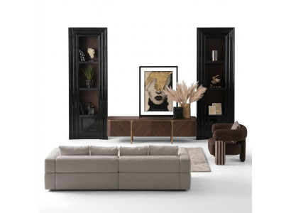 Conjunto de sofá de esquina, sillón, sofá de tela RTV, armario bajo moderno de 3 piezas en color beige.