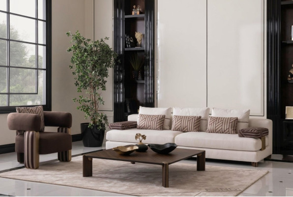 Conjunto completo de sofá marrón de tela, sofá, sillones y mesa.