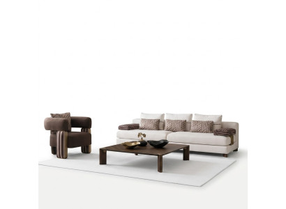 Conjunto completo de sofá marrón de tela, sofá, sillones y mesa.