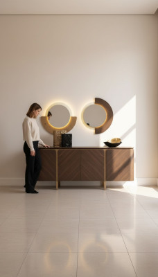 Conjunto de aparador, espejo y cómoda en marrón de madera para el comedor.