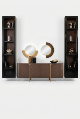 Conjunto de aparador, espejo y cómoda en marrón de madera para el comedor.