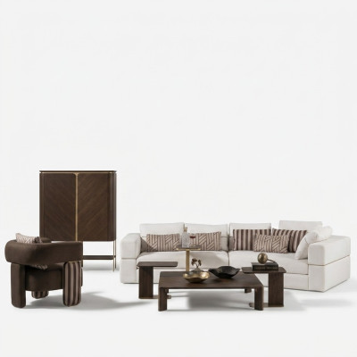 Salón conjunto sofá esquinero sofá de tela sillón mesa de café juego de 6 piezas marrón.