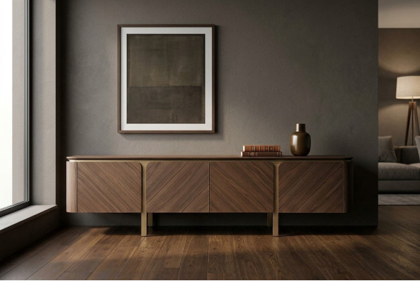 Mueble para televisión bajo moderno en marrón de color madera.