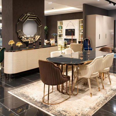 Grupo de comedor, esquina para comer, mesa de comedor, sillas, beige, conjunto de lujo de 9 piezas de comedor de madera.