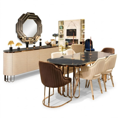 Grupo de comedor, esquina para comer, mesa de comedor, sillas, beige, conjunto de lujo de 9 piezas de comedor de madera.