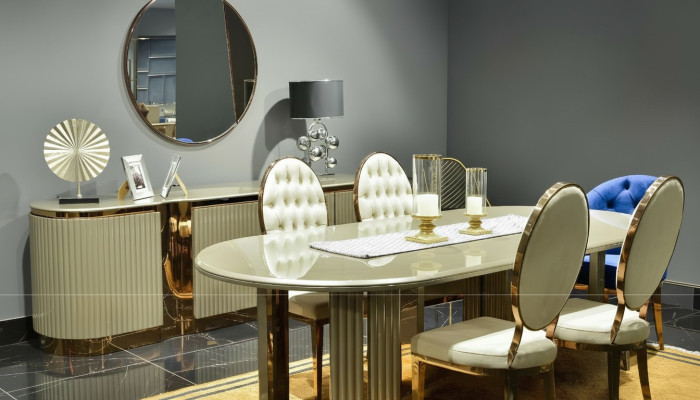 Conjunto de comedor de lujo, grupo de comedor, rincón de comedor, mesa de comedor, sillas, beige, conjunto de 9 piezas, madera.