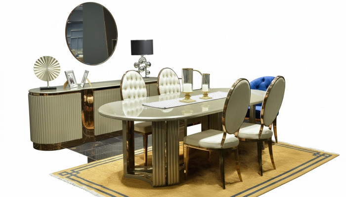 Conjunto de comedor de lujo, grupo de comedor, rincón de comedor, mesa de comedor, sillas, beige, conjunto de 9 piezas, madera.