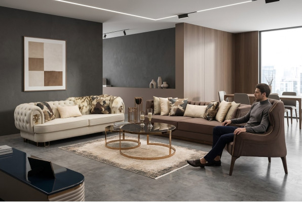 Conjunto de sofás de tres plazas sillón sofá tapizado tela marrón set de sofás