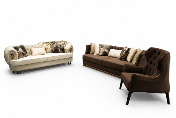Conjunto de sofás de tres plazas sillón sofá tapizado tela marrón set de sofás
