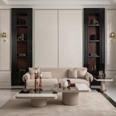 Conjunto de sala de estar Sofá de 3 plazas Sofá de tela beige Juego de mesa de 4 piezas