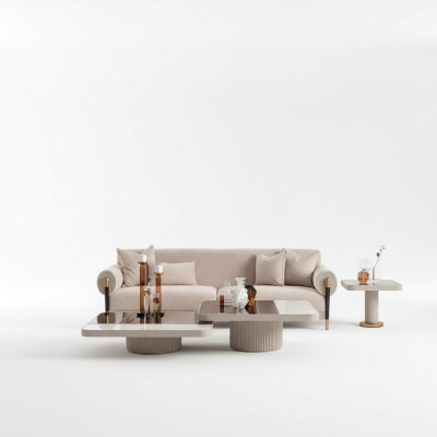 Conjunto de sala de estar Sofá de 3 plazas Sofá de tela beige Juego de mesa de 4 piezas
