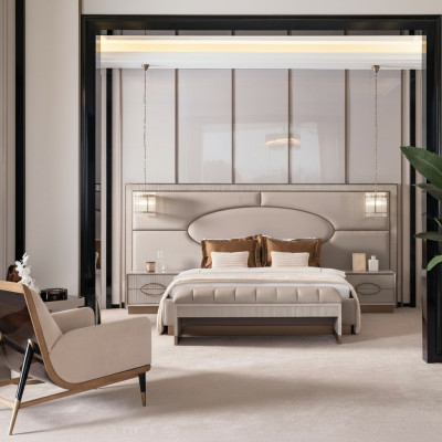 Set de dormitorio de lujo con cama doble y mesitas de noche, juego de 5 piezas en beige.