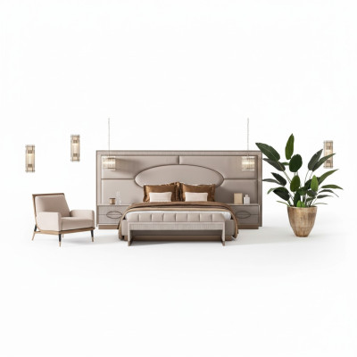 Set de dormitorio de lujo con cama doble y mesitas de noche, juego de 5 piezas en beige.