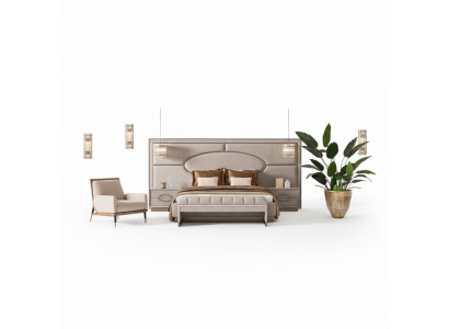 Set de dormitorio de lujo con cama doble y mesitas de noche, juego de 5 piezas en beige.