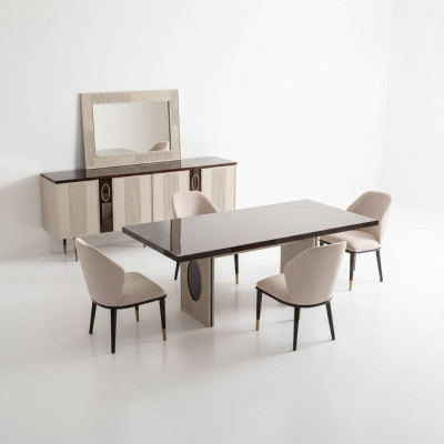 Conjunto de comedor de lujo, esquina de comedor, mesa y sillas en beige de madera, juego de 9 piezas.