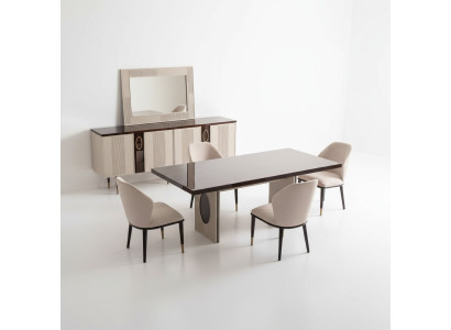 Conjunto de comedor de lujo, esquina de comedor, mesa y sillas en beige de madera, juego de 9 piezas.