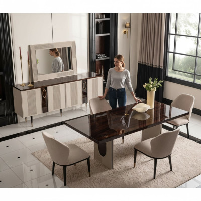 Rincón de la comida Comedor Conjunto de comedor Mesa de comedor de lujo Sillas Beige Madera Set de 7 piezas