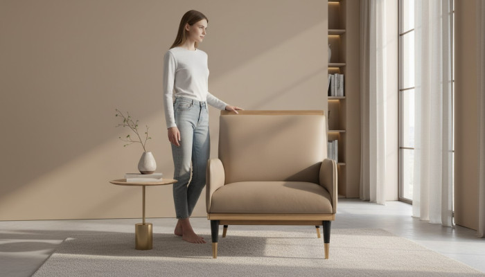 Sillón individual de lujo en beige de polipiel para la sala de estar.
