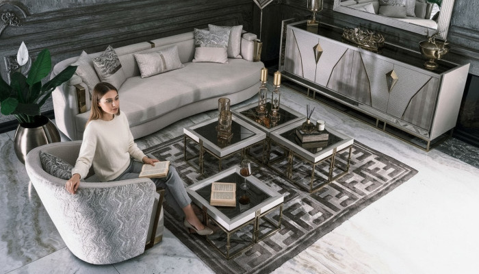 Conjunto de sofá de tela de lujo con sillón y mesas auxiliares para sala de estar de 7 piezas en color gris.