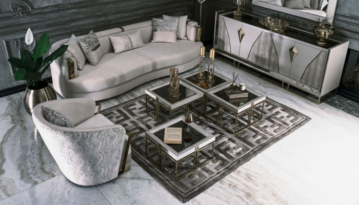 Conjunto de sofá de tela de lujo con sillón y mesas auxiliares para sala de estar de 7 piezas en color gris.