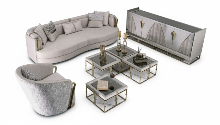 Conjunto de sofá de tela de lujo con sillón y mesas auxiliares para sala de estar de 7 piezas en color gris.