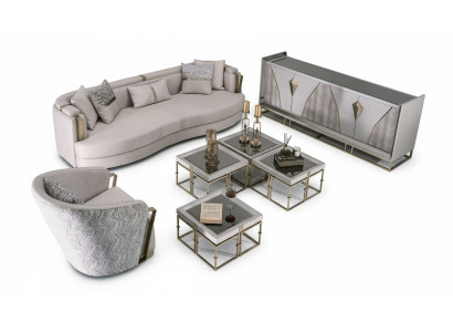 Conjunto de sofá de tela de lujo con sillón y mesas auxiliares para sala de estar de 7 piezas en color gris.