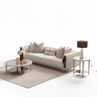 Sofá de tres plazas con mesa de centro beige de tela, juego de sofá de 3 piezas.