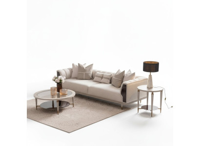 Sofá de tres plazas con mesa de centro beige de tela, juego de sofá de 3 piezas.