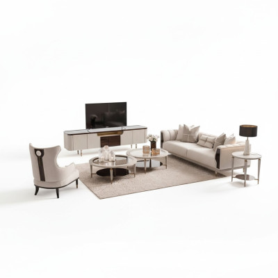 Conjunto de sala de estar sofá de tres plazas sillón sofá de tela 6 piezas beige mesas de centro