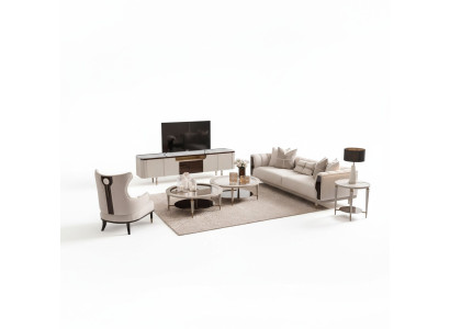 Conjunto de sala de estar sofá de tres plazas sillón sofá de tela 6 piezas beige mesas de centro