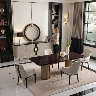 Zona de comedor, comedor, grupo de comedor, mesa de comedor de lujo, sillas beige de madera, juego de 9 piezas.