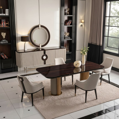 Zona de comedor, comedor, grupo de comedor, mesa de comedor de lujo, sillas beige de madera, juego de 9 piezas.