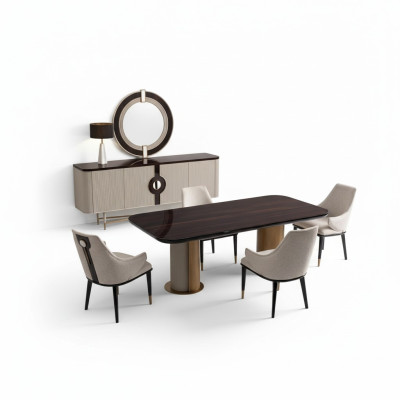 Zona de comedor, comedor, grupo de comedor, mesa de comedor de lujo, sillas beige de madera, juego de 9 piezas.