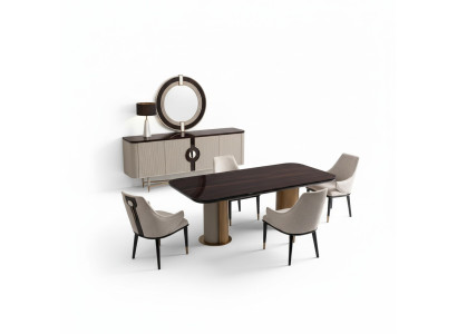 Zona de comedor, comedor, grupo de comedor, mesa de comedor de lujo, sillas beige de madera, juego de 9 piezas.