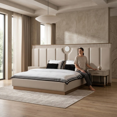 Juego de dormitorio con cama doble, cama, mesitas de noche, conjunto de 3 piezas, tela beige.