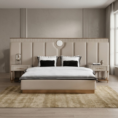 Juego de dormitorio con cama doble, cama, mesitas de noche, conjunto de 3 piezas, tela beige.