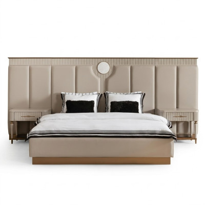 Juego de dormitorio con cama doble, cama, mesitas de noche, conjunto de 3 piezas, tela beige.