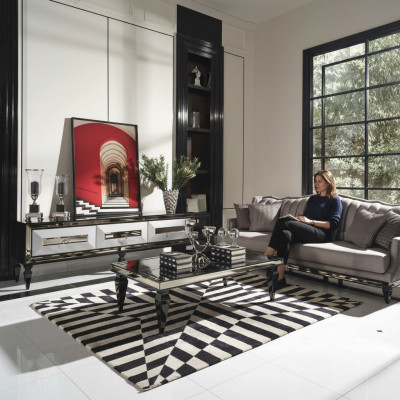 Conjunto de sofá de 4 plazas de tela gris con mesa de centro y soporte para TV, set de 3 piezas.