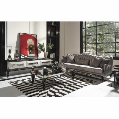 Conjunto de sofá de 4 plazas de tela gris con mesa de centro y soporte para TV, set de 3 piezas.