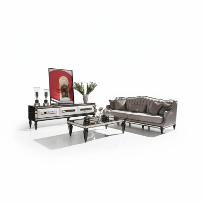 Conjunto de sofá de 4 plazas de tela gris con mesa de centro y soporte para TV, set de 3 piezas.